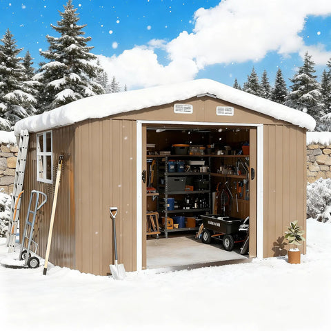 10x8 Foot Outdoor Storage Shed With Large Window Durable Metal Construction Sloped Roof Air Vents And Two Lockable Sliding Doors