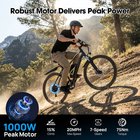 Man riding All Terrain Electric Mountain Bike With 1000W Peak Power, 20 mph Top Speed, 70 Mile Range, 26 Inch Wheels in a forest