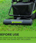 Greenworks Lawn Stripe Kit For 16 To 22 Inch Mowers before use, showing roller and attachment on grass, sand needed for operation.