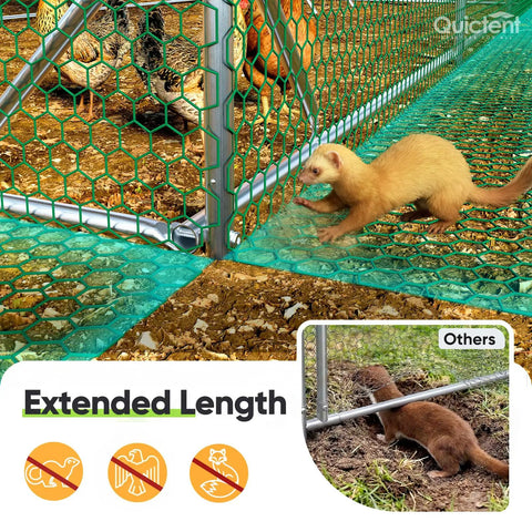 Close-up of Essential Series 18x9x6.6ft Metal Chicken Coop Run With PVC Coated Wire showing predator protection features.