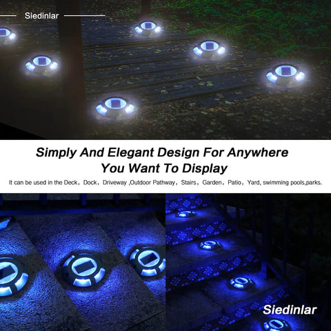 Blue Solar Deck Lights 12 Pack Outdoor LED Path Markers illuminating a garden pathway at night