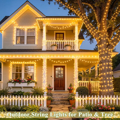 House decorated with 200 LED String Lights 66 Ft Connectable Warm White Cozy Glow Christmas Fairy Lights Indoor Outdoor Plug In