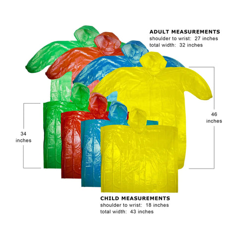 Extra Thick Family Rain Ponchos 8 Pack For Men Women Teens And Kids Disposable Emergency Rain Gear With Drawstrings Durable Waterproof Ponchos For Travel And Disney Trips Stay Dry On The Go, showing colorful ponchos and size dimensions in inches.