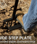 User stepping on Heavy Duty Pitch Fork 45 Inch Garden Fork With Strong Steel Tines And Long Comfortable Handle For Tough Soil
