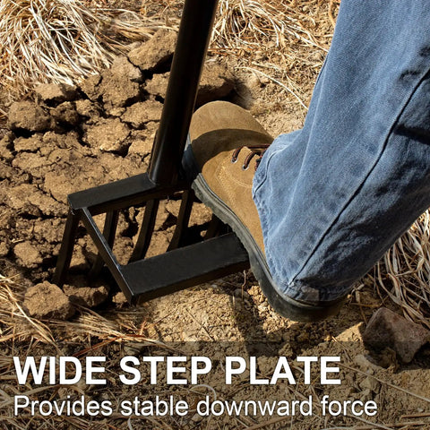 User stepping on Heavy Duty Pitch Fork 45 Inch Garden Fork With Strong Steel Tines And Long Comfortable Handle For Tough Soil
