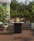 Interlocking Patio Deck Tiles 12x12 Inch Wood Floor Tiles Outdoor Flooring for Patio Garden Deck Poolside Brown All Weather Fir Wood PVC With Easy Snap Lock System No Hassle Setup Durable Exterior Flooring on a stylish patio.