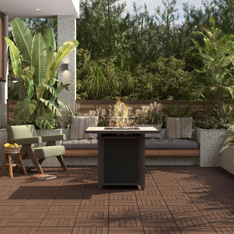 Interlocking Patio Deck Tiles 12x12 Inch Wood Floor Tiles Outdoor Flooring for Patio Garden Deck Poolside Brown All Weather Fir Wood PVC With Easy Snap Lock System No Hassle Setup Durable Exterior Flooring on a stylish patio.