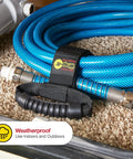 Wrap-It Storage Straps 17-Inch 2-Pack Heavy-Duty Hook And Loop Cord Carrier holding blue pool hose