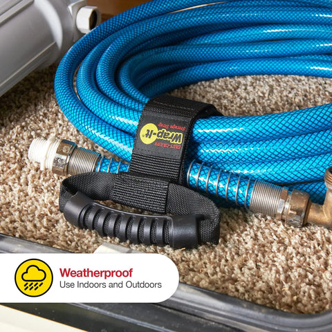 Wrap-It Storage Straps 17-Inch 2-Pack Heavy-Duty Hook And Loop Cord Carrier holding blue pool hose