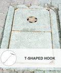 Heavy Duty Manhole Cover Hook With T Shaped Handle 15 Inch Pull Tool next to a sewer cover on pavement