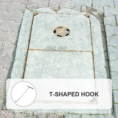 Heavy Duty Manhole Cover Hook With T Shaped Handle 15 Inch Pull Tool next to a sewer cover on pavement