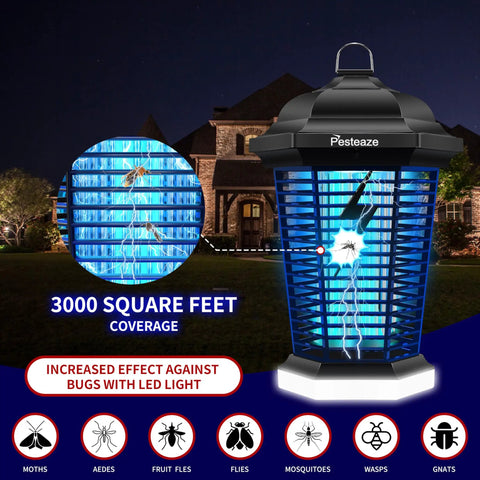 Outdoor Bug Zapper With LED Light 5600V Electric Fly Killer Plug In Mosquito Zapper for indoor or outdoor with 3000 sq ft coverage