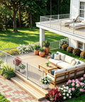 Badass 3Ft White Deck Railing Kit For Outdoor Porch Patio Balcony With Hella Tough Aluminum Posts that secure a sunny outdoor seating area.