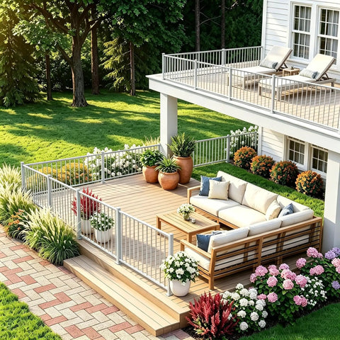 Badass 3Ft White Deck Railing Kit For Outdoor Porch Patio Balcony With Hella Tough Aluminum Posts that secure a sunny outdoor seating area.