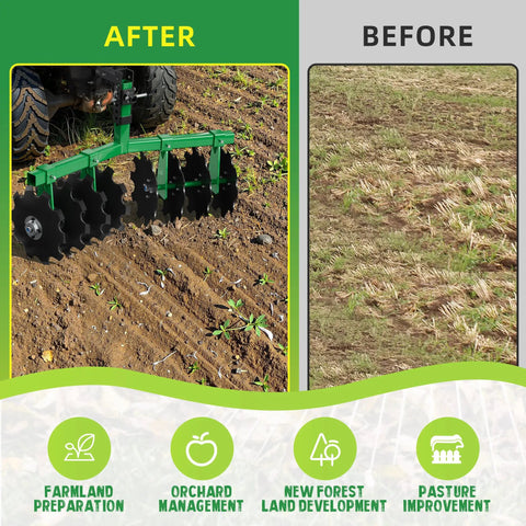 Tow Behind Disc Harrow Attachment For ATVs And UTVs With 12-Inch Steel Discs, Before and After Land Prep Comparison