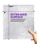 Heavy Duty Aluminum Foil Sheets For Deli Use 100 Count Pop Up 9 By 10 Inch Wrapping Sheets with hand holding sheet showing dimensions.