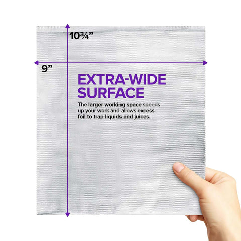 Heavy Duty Aluminum Foil Sheets For Deli Use 100 Count Pop Up 9 By 10 Inch Wrapping Sheets with hand holding sheet showing dimensions.