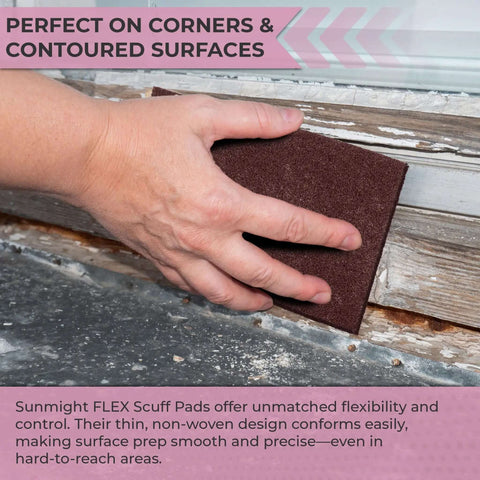 Person using Maroon 6 By 9 Inch Scuff Pads For Paint Prep Aluminum Oxide Surface Prep Cloths on wooden surface