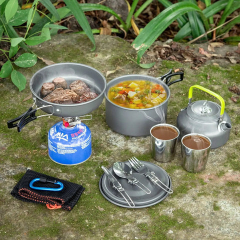 Lightweight Camping Cookware Mess Kit Gear With Pot, Pan, Kettle, Two Cups And Utensils For Backpacking, Hiking, And Picnics Set