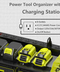 Wall Mounted Drill Storage Rack With Charging Station And Drill Holder, Power Tool Organizer For Garage And Workshop, Holds 4 Drills, 8 Outlet Power Strip, Drill Bit Organizer, Green Three Layer