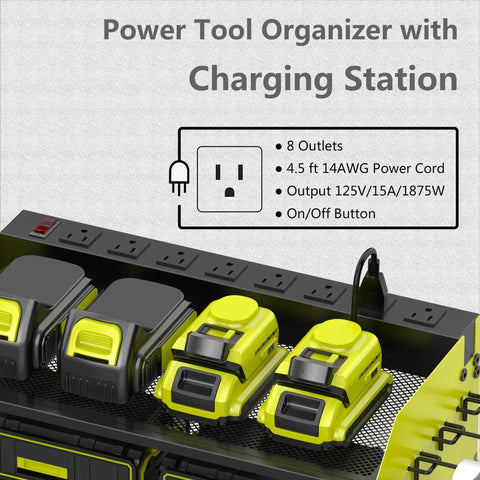 Wall Mounted Drill Storage Rack With Charging Station And Drill Holder, Power Tool Organizer For Garage And Workshop, Holds 4 Drills, 8 Outlet Power Strip, Drill Bit Organizer, Green Three Layer
