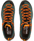 Top view of Men's Wildfire Canvas Hiking Shoe in Bungee Cord Black, Size 11 M, with orange laces, designed for alpine adventures.