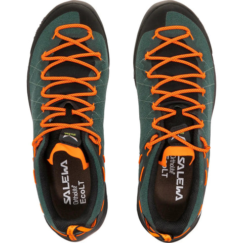 Top view of Men's Wildfire Canvas Hiking Shoe in Bungee Cord Black, Size 11 M, with orange laces, designed for alpine adventures.