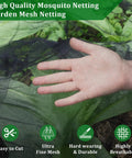 Two Pack Mosquito Netting For Patio And Garden Black 10 X 16.5 Ft Poly Mesh Screen showing hand testing mesh over plants.