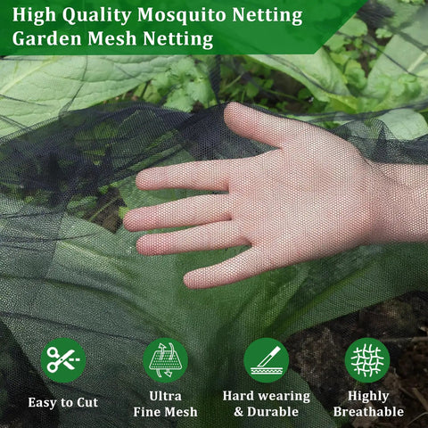 Two Pack Mosquito Netting For Patio And Garden Black 10 X 16.5 Ft Poly Mesh Screen showing hand testing mesh over plants.