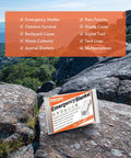 6 Pack Emergency Mylar Space Blankets Kit for Outdoor Survival displayed on rocky terrain with uses listed in background.