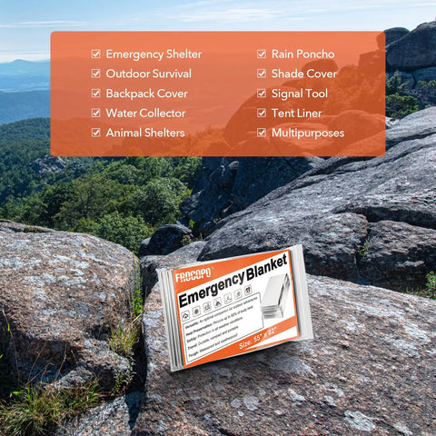 6 Pack Emergency Mylar Space Blankets Kit for Outdoor Survival displayed on rocky terrain with uses listed in background.