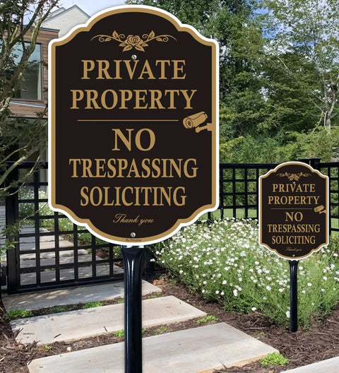 Top Shelf Rust Free Aluminum Private Property Signs With Heavy Duty 36 Inch Stakes For Legit No Trespassing And No Soliciting Video Surveillance Warning Slick Yard Protection Two Pack near garden pathway.