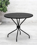 Round Black Indoor Outdoor Steel Patio Table With Umbrella Hole And Rain Flower Designer Top For Outdoor Living Spaces