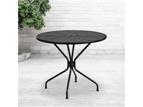 Round Black Indoor Outdoor Steel Patio Table With Umbrella Hole And Rain Flower Designer Top For Outdoor Living Spaces