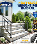 Solid Wrought Iron Handrails For Outdoor Steps featuring secure side fence, black metal railing on stone steps.