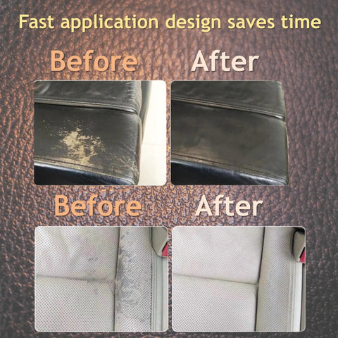 Before and after images showing Leather And Vinyl Repair Kit 21 Piece With Fast Application And Mixable Colors For All Leather Types Fix Tears Holes Scratches And Peeling On Furniture Car Seats And Jackets Great For Repair Projects used on leather and vinyl surfaces.