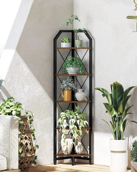 Space Saving Five Tier Corner Shelf With Industrial Edge Tall 59.4 Inch Plant Display Stand And Bookcase In Rustic Brown And Black Finish For Living Room Bedroom Or Home Office with plants.