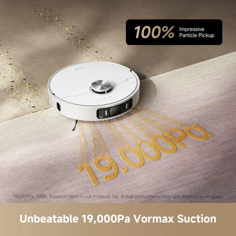 L40s Ultra AE Robot Vacuum And Mop With 19,000Pa Suction on carpet showcasing suction strength and particle pickup.