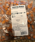 Package of 500-count 4 Pin Push Wire Connectors For Junction Boxes, orange and clear connectors with label visible front.