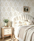 Beige Floral Peel And Stick Wallpaper With Delicate Arched Accents in a serene bedroom setting with soft bedding and wooden nightstand.