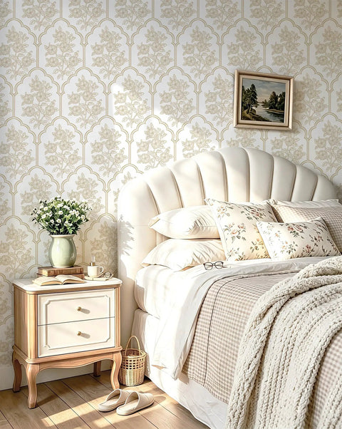 Beige Floral Peel And Stick Wallpaper With Delicate Arched Accents in a serene bedroom setting with soft bedding and wooden nightstand.