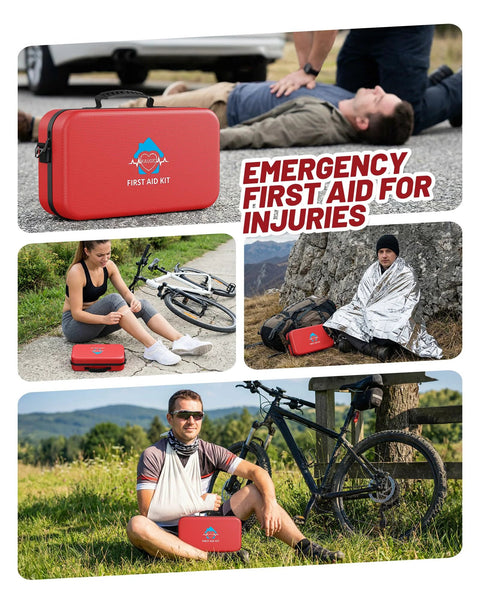 Red Amazon First Aid Kit case; waterproof outdoor emergency kit shown for home, car, travel in collage