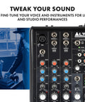 Close-up of TrueMix 500 Audio Mixer With XLR Mic Input And USB Audio Interface displayed next to person adjusting mixer controls.