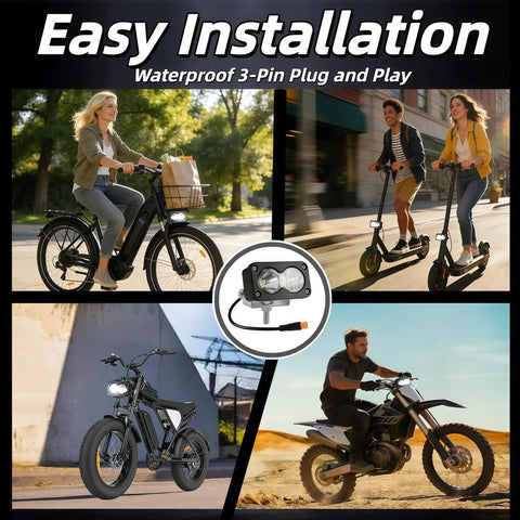 Beefy 20W LED Headlight For Electric Bikes And ATVs, easy plug and play installation shown on various vehicles.