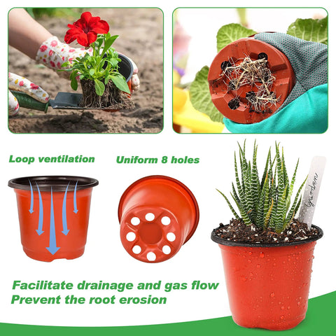 4 Inch Seed Starter Pots Pack Of 100 With Labels For Seedlings And Small Plants Durable Plastic Nursery Pots Perfect For Succulents Flowers Herbs And Urban Garden Projects showing drainage holes and planting use.
