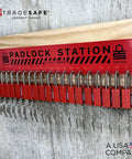 Built Tough Lockout Tagout Locks Station For 20 LOTO Padlocks with keys on red industrial-grade steel rack