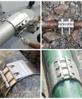 Pipe repair clamp, stainless steel for 20–23 mm pipes, front view on metal pipe
Pipe repair clamp, stainless steel, side view on a rusted pipe in rocky ground
Pipe repair clamp, stainless steel, close-up of bolt-and-strap assembly around pipe
Pipe repair clamp, stainless steel installed around a green plastic pipe in a trench