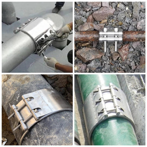 Pipe repair clamp, stainless steel for 20–23 mm pipes, front view on metal pipe
Pipe repair clamp, stainless steel, side view on a rusted pipe in rocky ground
Pipe repair clamp, stainless steel, close-up of bolt-and-strap assembly around pipe
Pipe repair clamp, stainless steel installed around a green plastic pipe in a trench
