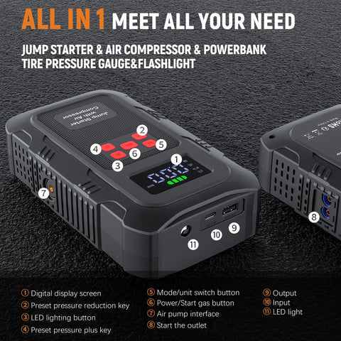 6000A Jump Starter With Air Compressor For Cars And Trucks, 150 PSI Tire Inflator, 12V Power Bank Jump Box With LCD Display