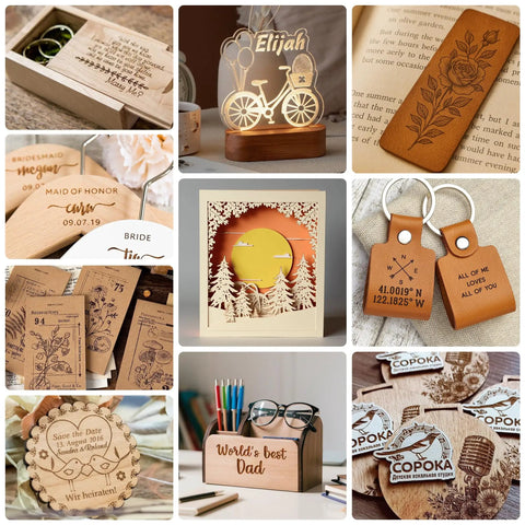 Engraved wooden, acrylic, and leather items showcasing 3500mW Desktop Laser Engraver With Ultra Fine 0.04x0.04mm Spot precision work
